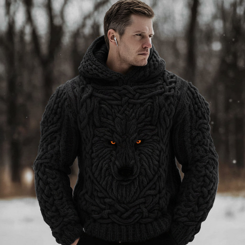 Men's Viking Celtic Wolf Knit Chunky Hooded Sweater artswardrobe