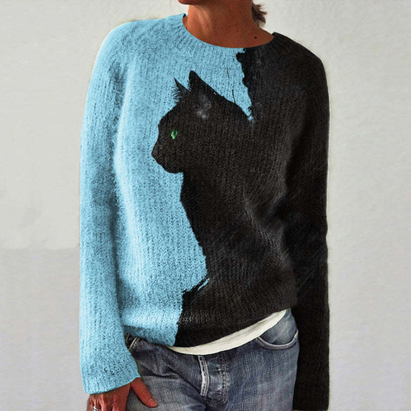 Abstract Creative Black And White Contrast Cat Painting Art Print Knitted Pullover Sweater elevenforest