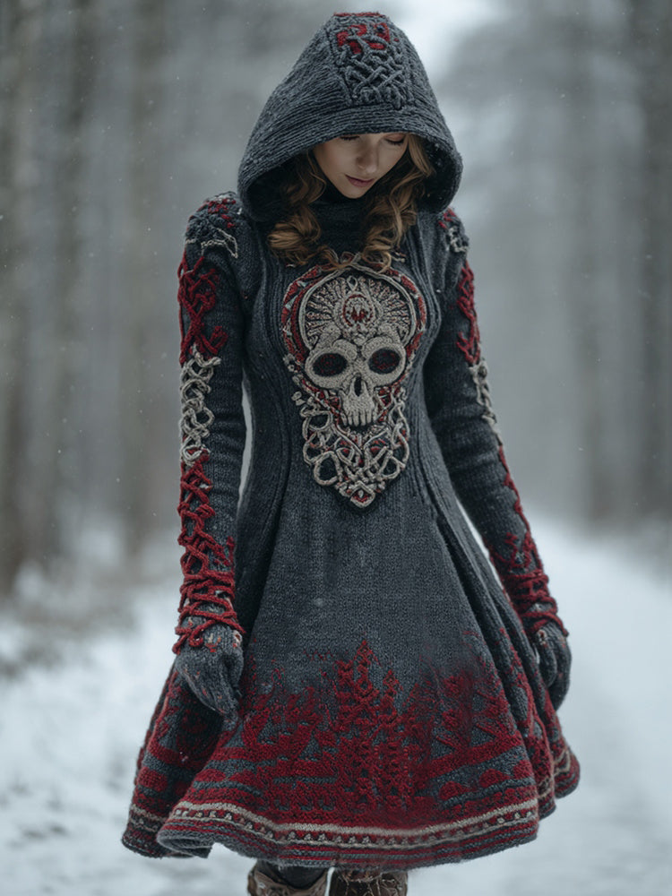 Women's Vintage Celtic Knot Ombre Hooded Sweater Midi Dress artswardrobe