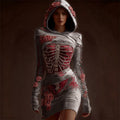 Comstylish Classy Skeleton Anatomy Bloody Roses Bandages Hooded Sweater Dress