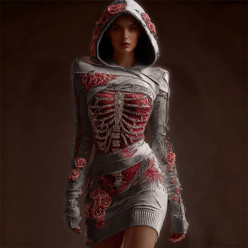 Comstylish Classy Skeleton Anatomy Bloody Roses Bandages Hooded Sweater Dress