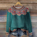 Retro Colorful Lotus Pattern Jacquard Crew Neck Sweater elevenforest