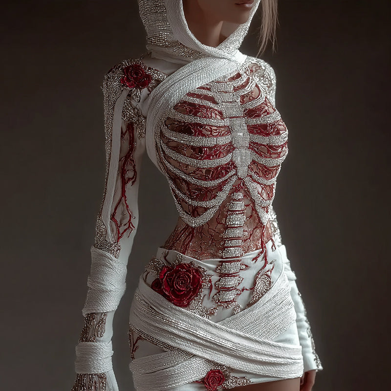 Comstylish Women's Skeleton Roses Bandages Art Cozy Knit Hooded Mini Sweater Dress