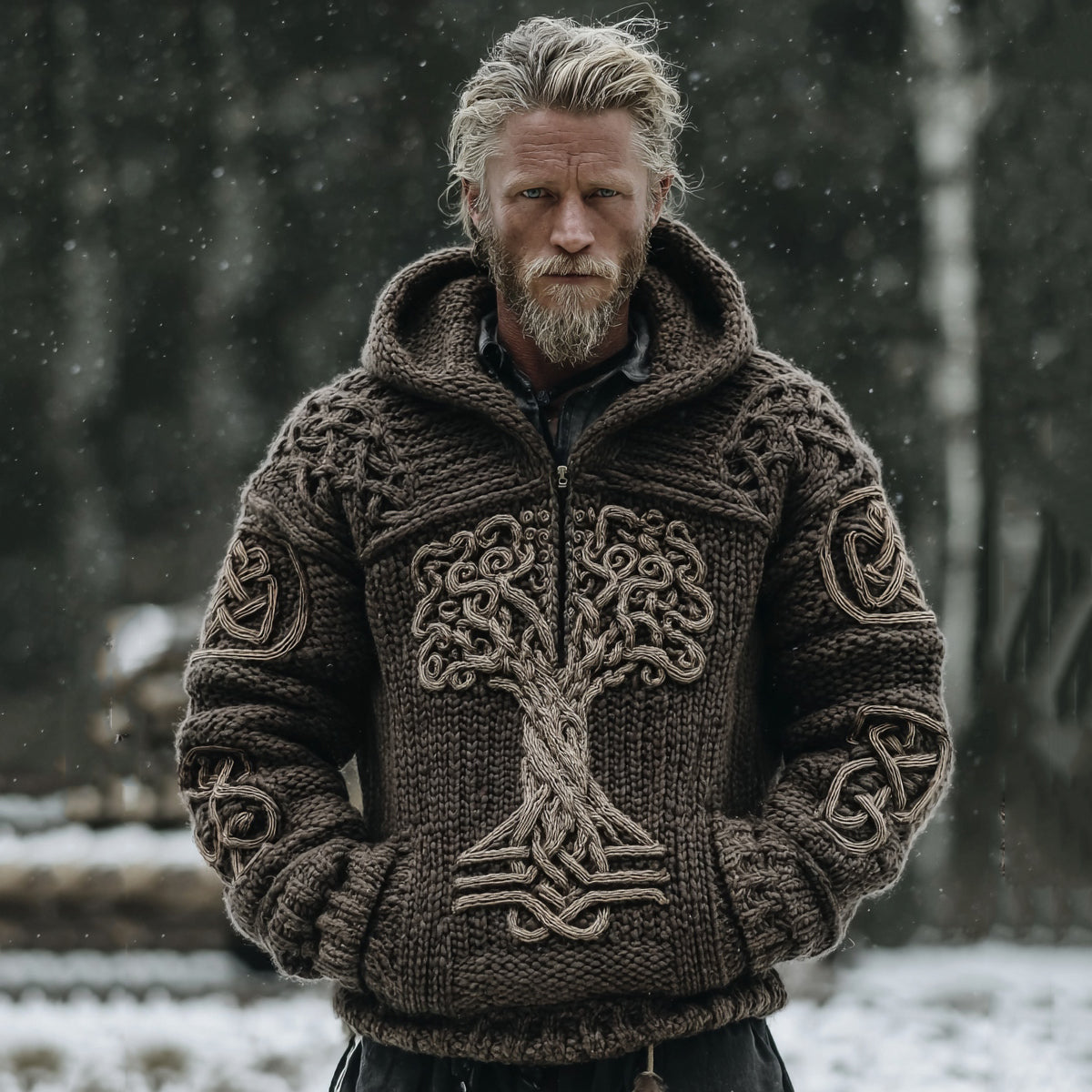 Men's Vintage Celtic Tree Of Life Jacquard Half Zip Aran Sweater artswardrobe