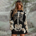Women's Halloween Skeleton Bones With White Rose Art Hot Sexy Style Cozy Knit Mini Sweater Dress artswardrobe