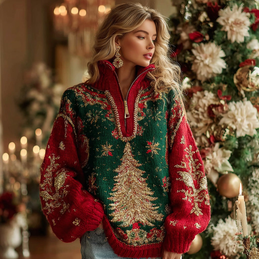 Comstylish Women's Gold Christmas Tree Jacquard Pattern Warm Half-zip Sweater