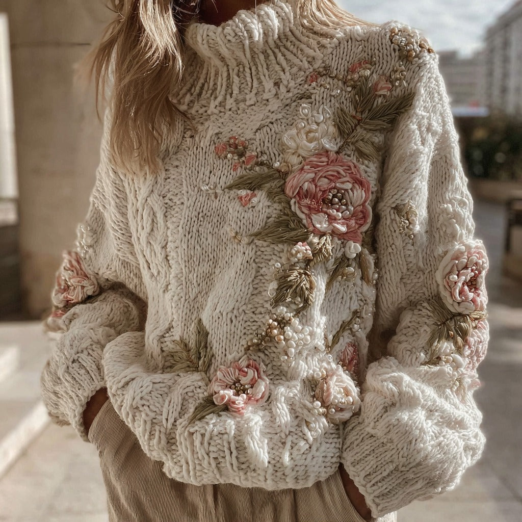 Women's Vintage Pink Rose Pattern Warm Knitted Turtleneck Sweater artswardrobe