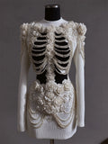 Comstylish Vintage Roses Skeleton Pearls Beaded Contrast Knit Sweater Dress
