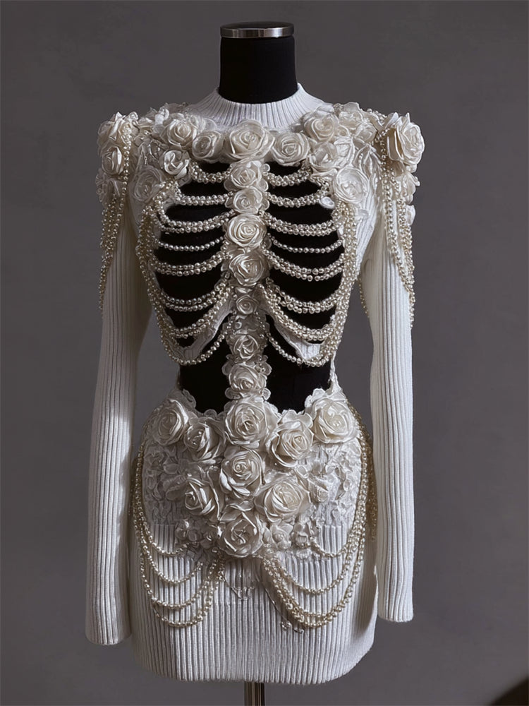 Comstylish Vintage Roses Skeleton Pearls Beaded Contrast Knit Sweater Dress