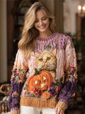 Thanksgiving Pumpkin & Cat Ombre Women's Knit Sweater elevenforest