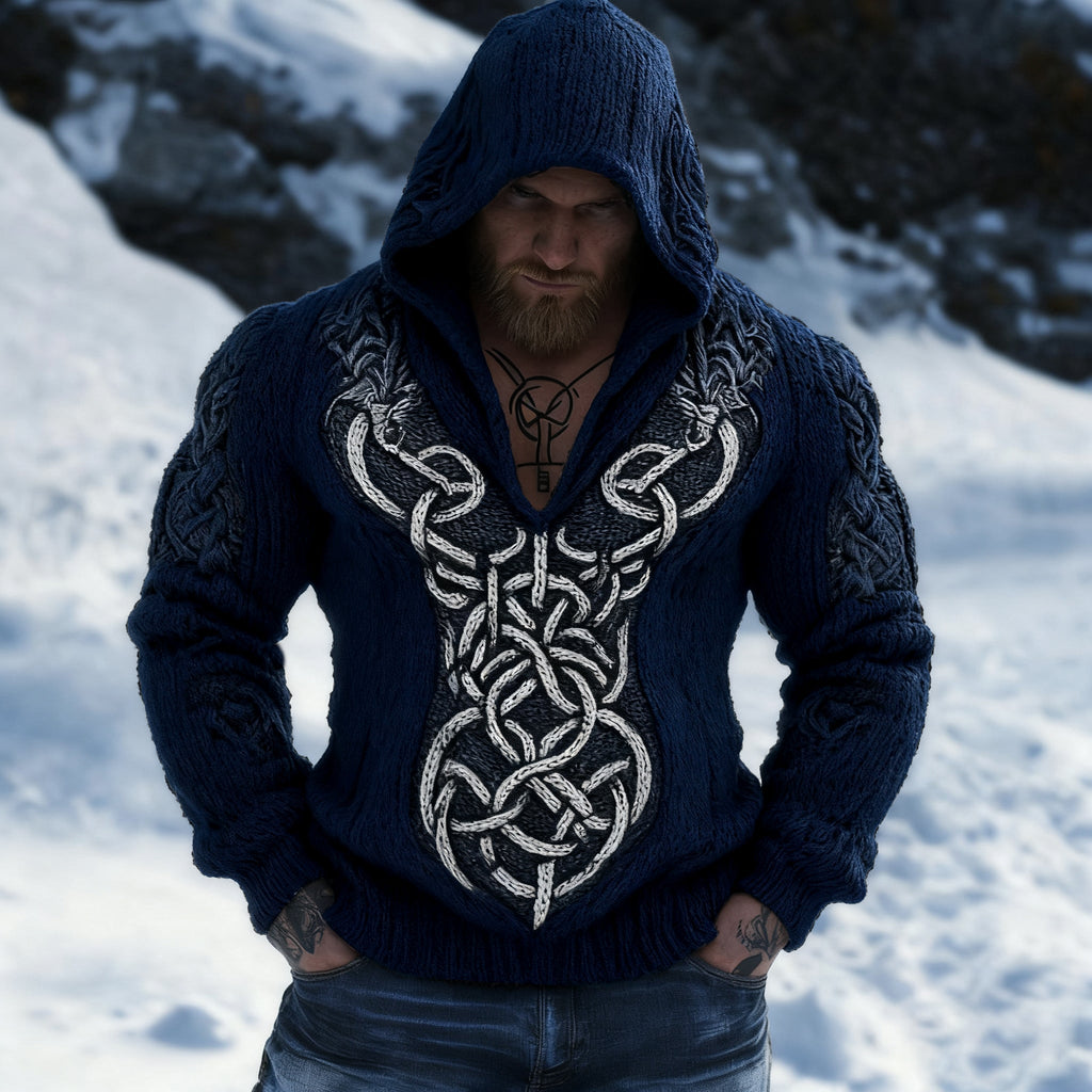Retro Viking Celtic Jacquard Chunky Hooded Sweater elevenforest