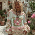 Women's Boho Chunky Knit Crochet Floral Round Collar Sweater artswardrobe