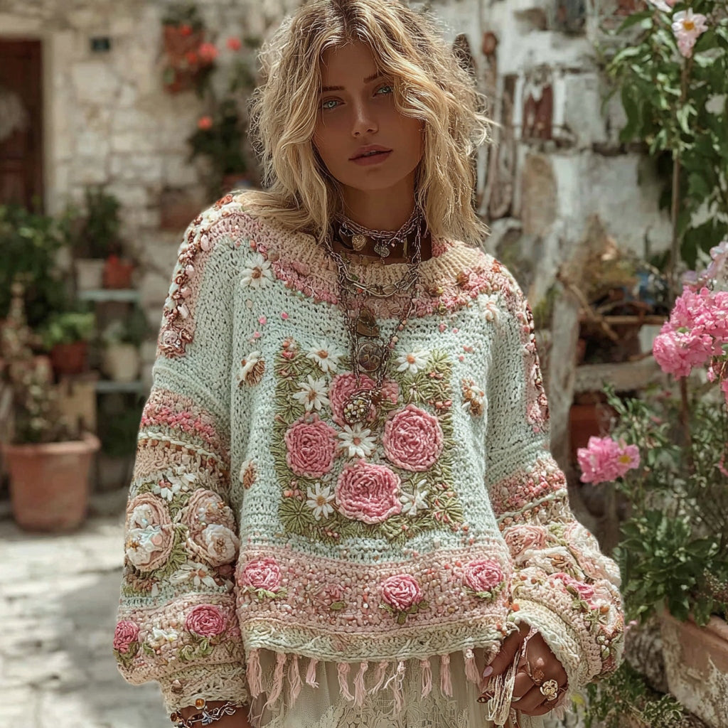 Women's Boho Chunky Knit Crochet Floral Round Collar Sweater artswardrobe