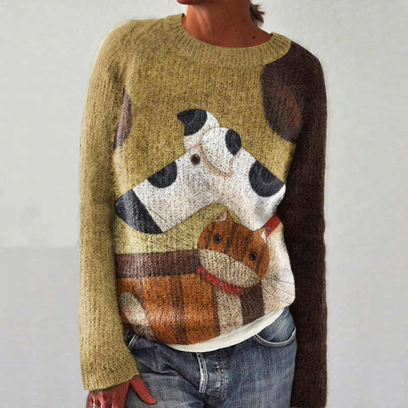 Vintage Puppy And Cat Print Casual Women's Sweater elevenforest