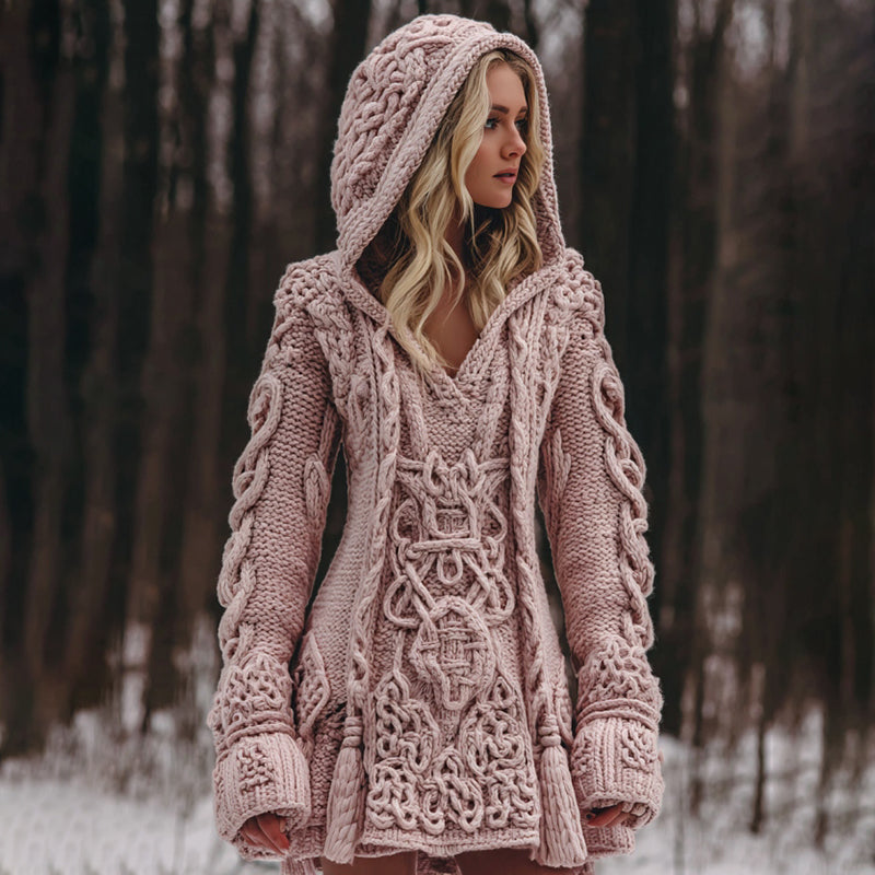 Women's Viking Celtic Knot Rune Knit Jacquard Warm Sweater Hooded Dress artswardrobe