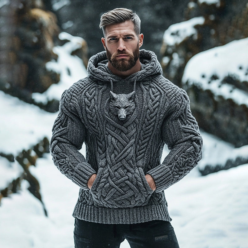 Men's Viking Tribal Wolf Inspired Chunky Knit Pocket Hooded Sweater artswardrobe