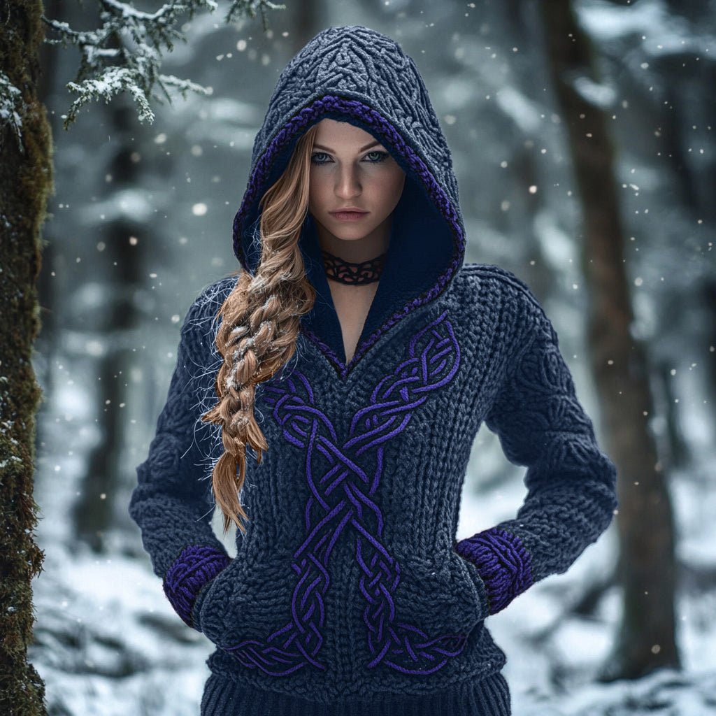 Women's Viking Celtic Knot Jacquard Knit Hooded Sweater artswardrobe