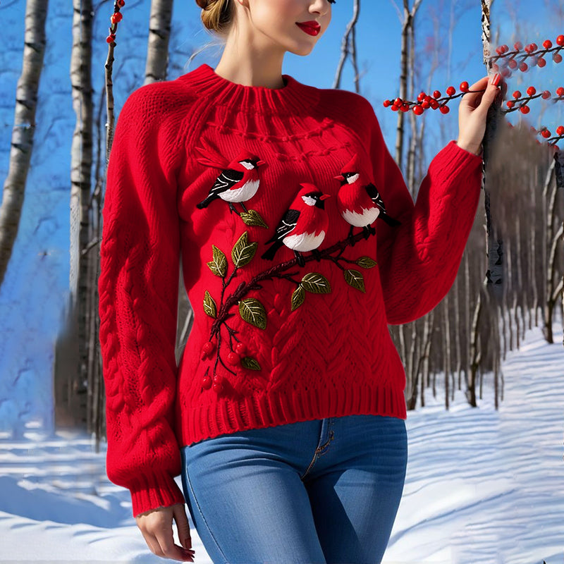 Christmas Holly And Robin Print Knitted Sweater artswardrobe
