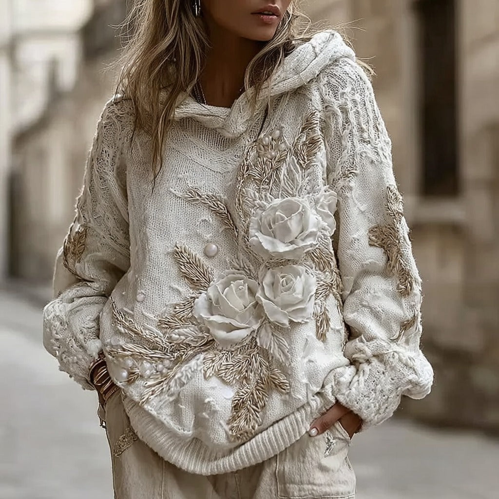 Women's Vintage White Rose Knitted Warm Hooded Sweater artswardrobe