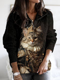 Vintage Renaissance Cat Pattern Zip Up Cozy Sweater elevenforest