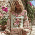 Women's Boho Floral Chunky Knit Crew Neck Colorblock Sweater artswardrobe