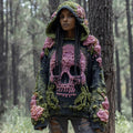 Comstylish Women's Vintage Pink Skeleton Flower Art Cozy Hooded Sweater