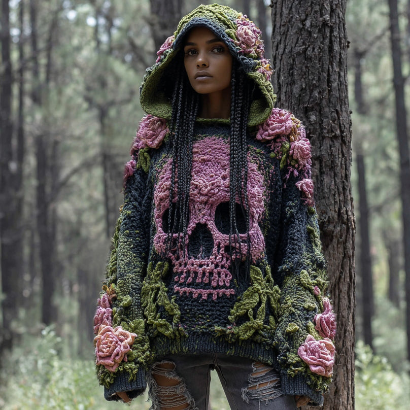 Comstylish Women's Vintage Pink Skeleton Flower Art Cozy Hooded Sweater