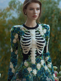 Women's Vintage Halloween Skeleton Bones With Rose Art Cozy Knit Mini Sweater Dress artswardrobe