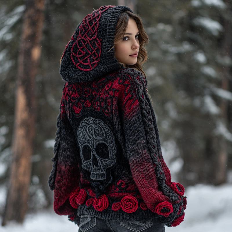 Women's Vintage Skull Floral Gradient Celtic Art Knit Hooded Sweater artswardrobe