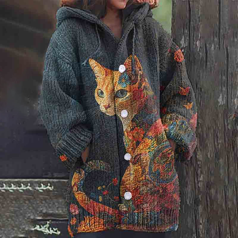 Comstylish Women's Floral Cat Art Button Casual Sweater