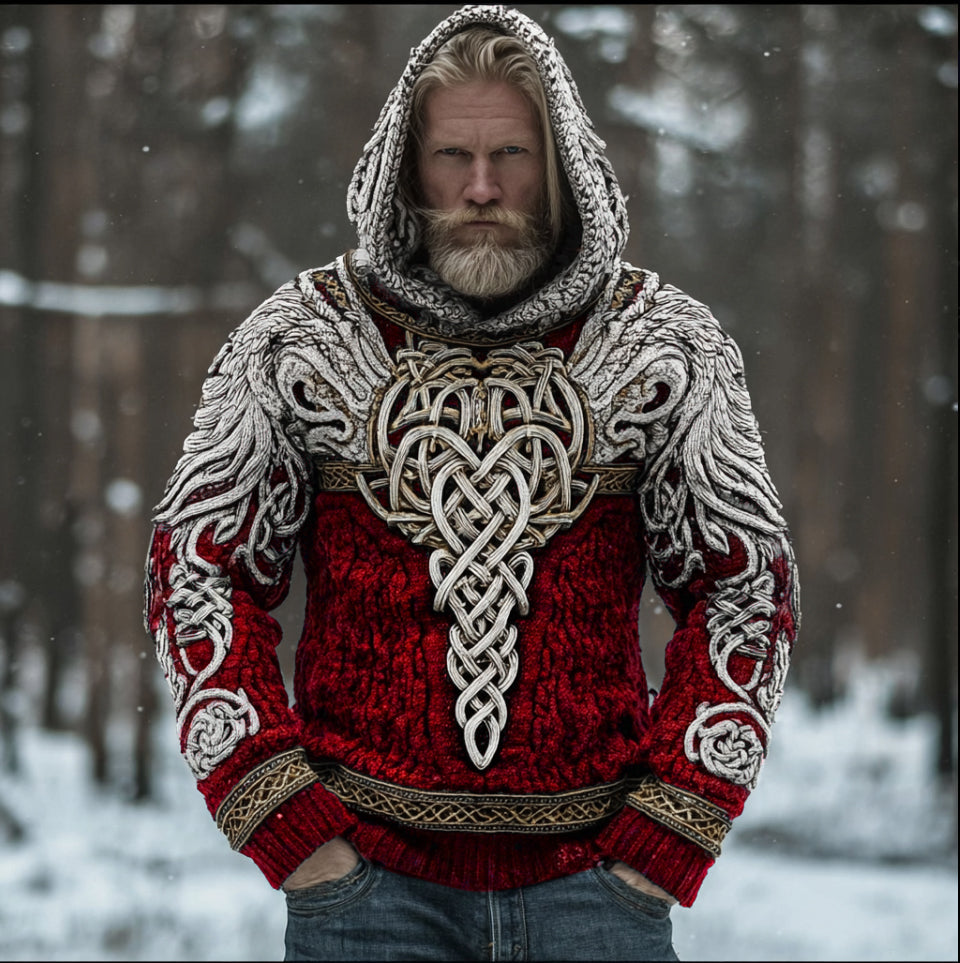 Men's Hooded Thick Sweater With Viking Style Tribal Totem And Wolf Totem Patterns artswardrobe