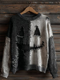 Halloween Pumpkin Face Contrast Stitched Cozy Knit Sweater artswardrobe