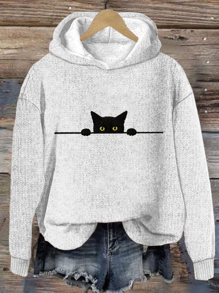 Women's Casual Funny Black Cat Print Hood Sweater artswardrobe