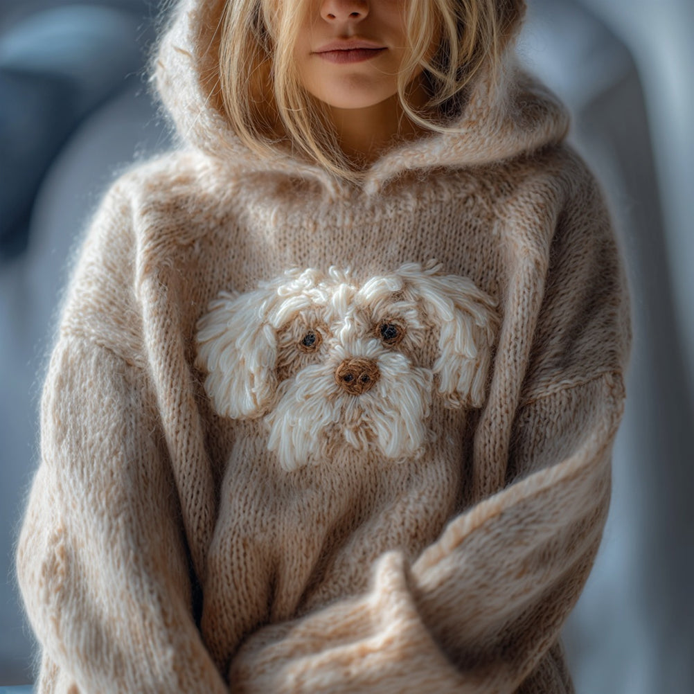 Comstylish Cute Fuzzy Dog Embroidered Comfy Hooded Sweater