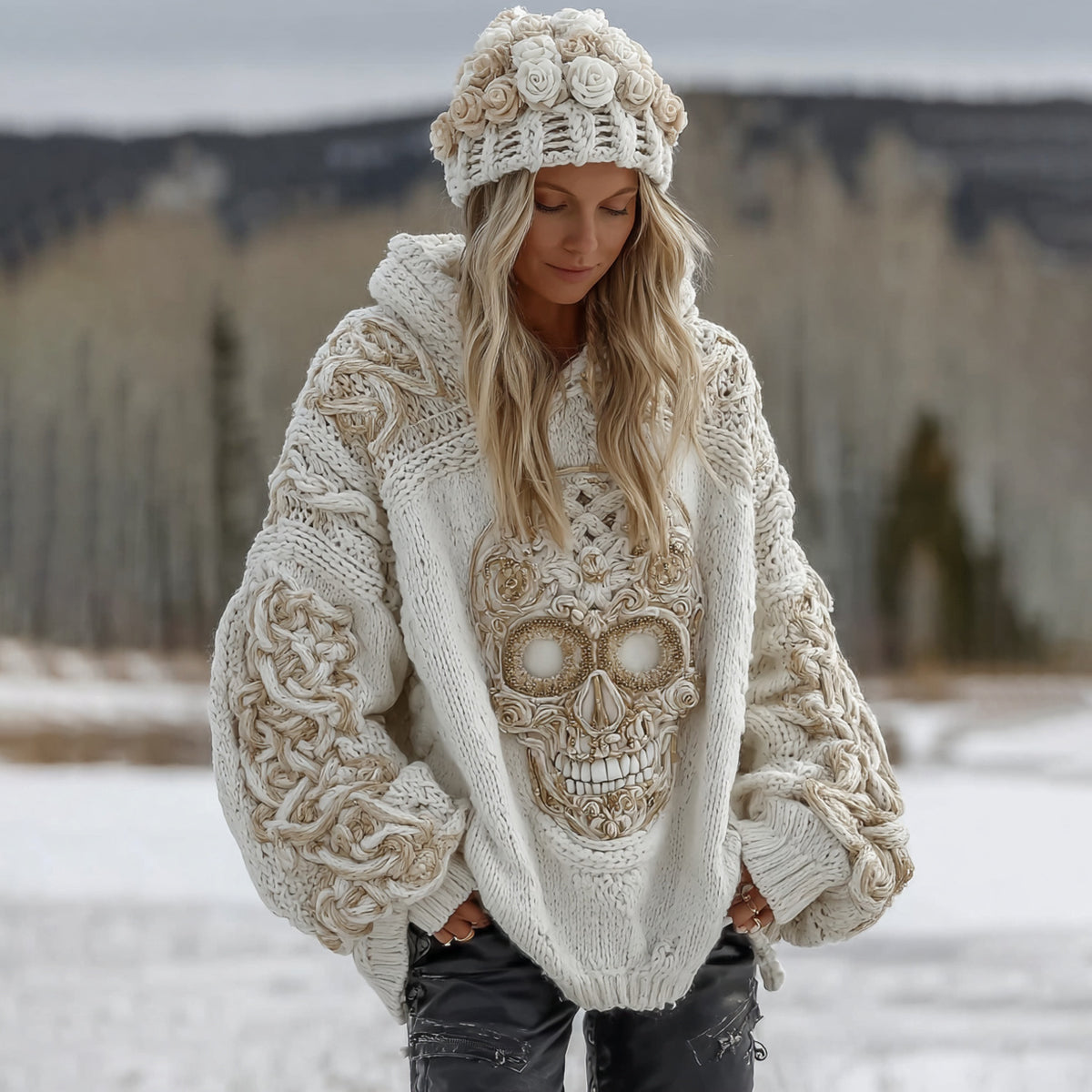 Women's White Rose Skull Comfortable Loose Solid Color Sweater elevenforest