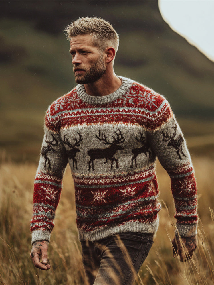 Vintage Christmas Reindeer Stripe Design Men's Icelandic Sweater artswardrobe