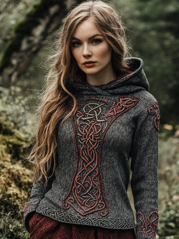 Vintage Viking Vegvisir Celtic Jacquard Cozy Hooded Sweater elevenforest