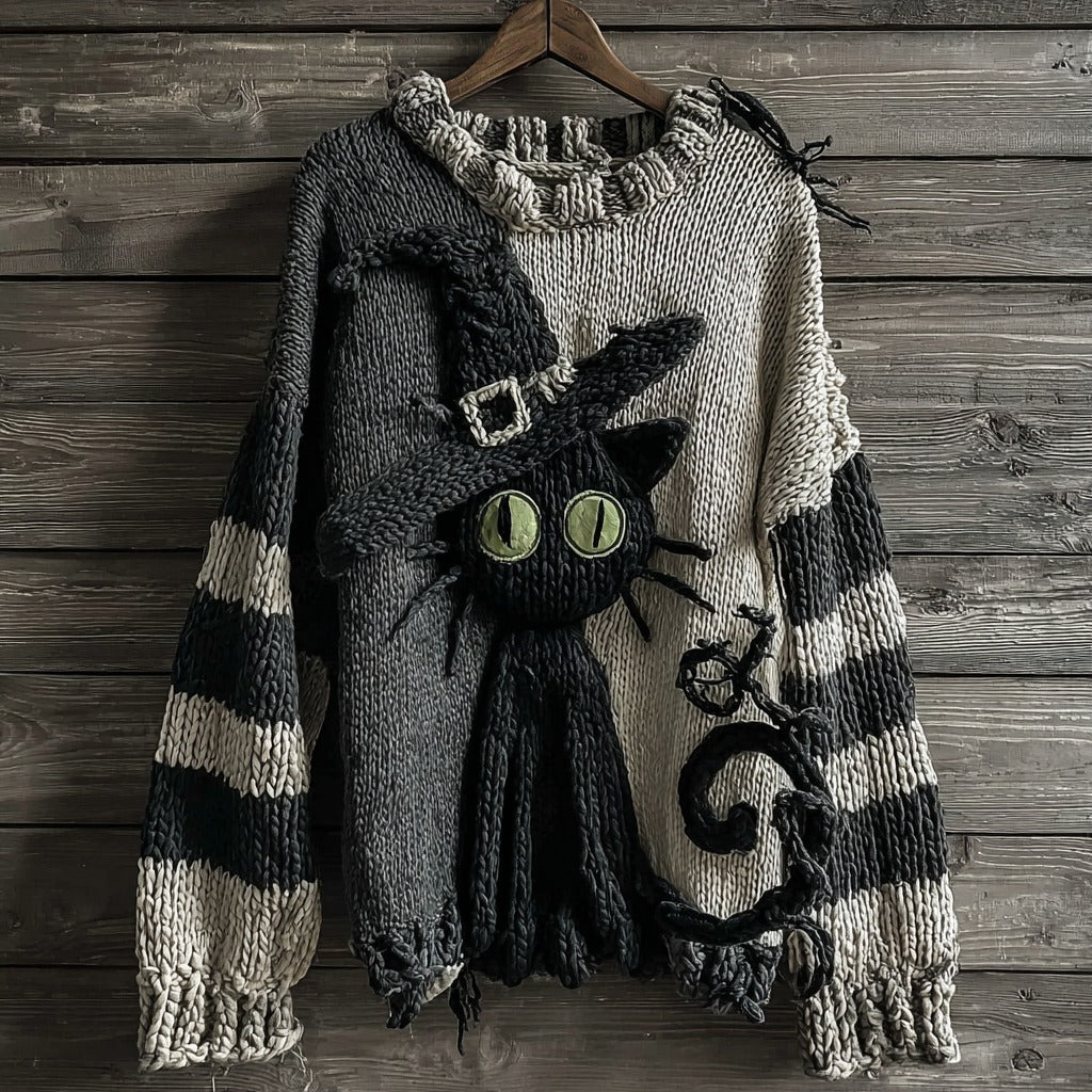 Halloween Black Cat Striped Knitted Warm Crew Neck Sweater artswardrobe