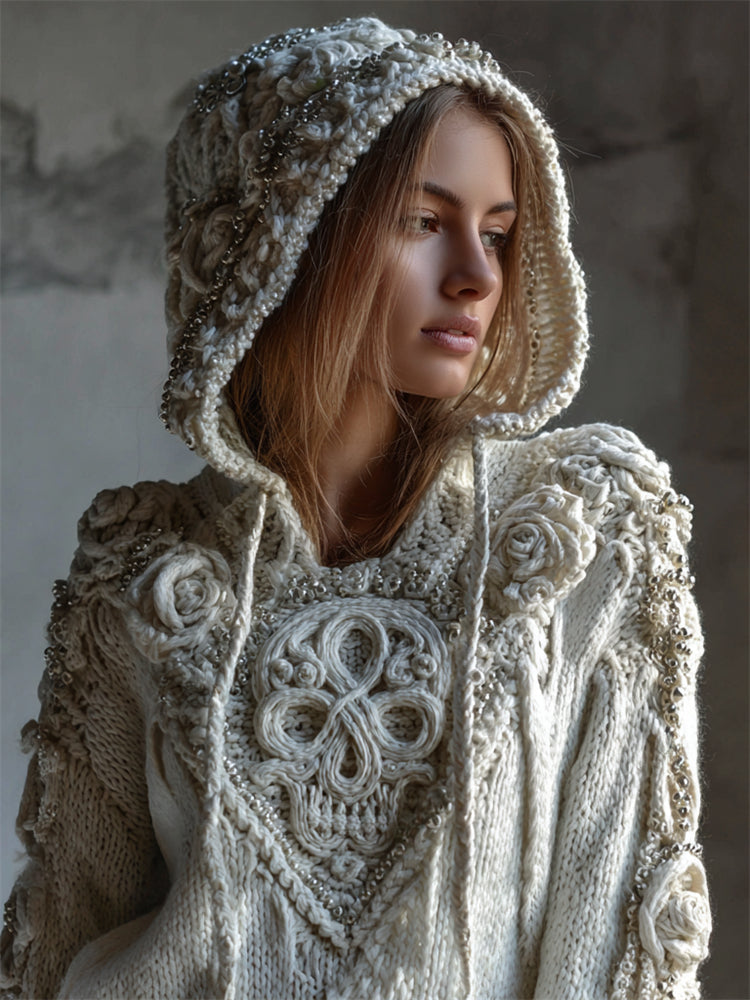 Vintage White Roses Celtic Skull Hooded Cozy Knit Sweater artswardrobe