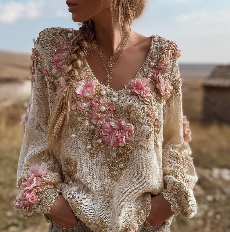Bohemian Style Round Neck Long Sleeve 3d Floral Design Women's Sweater artswardrobe