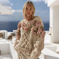 Women's Boho Rose Chunky Knit Crew Neck Aran Sweater artswardrobe