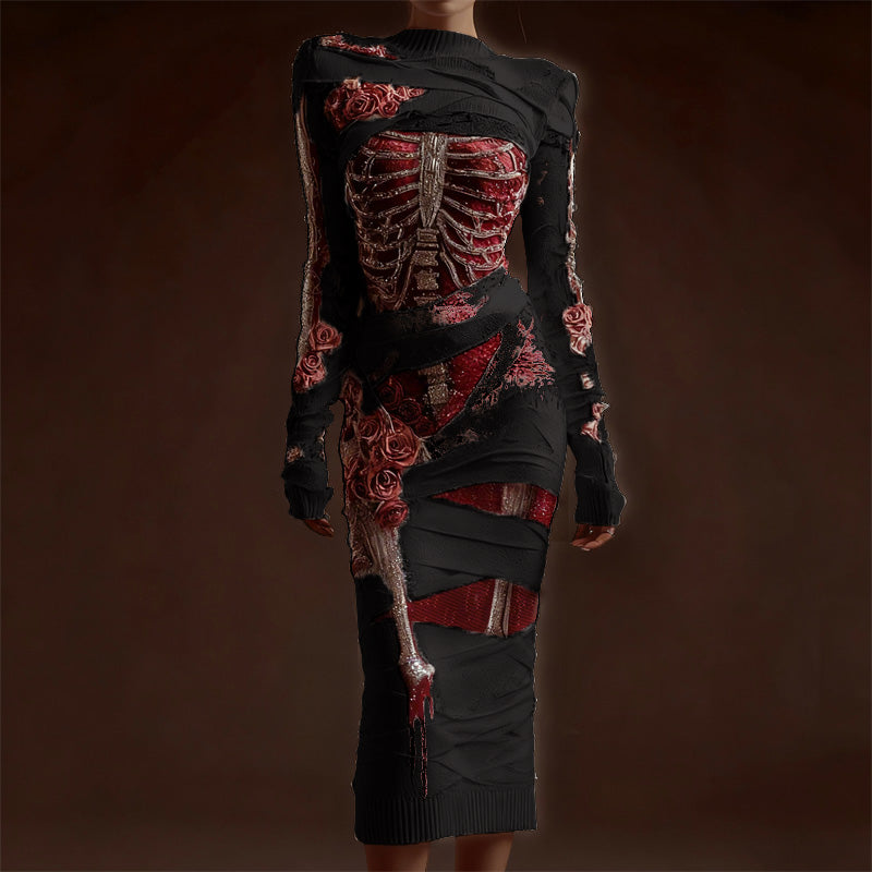 Comstylish Classy Skeleton Anatomy Bloody Roses Bandages Maxi Sweater Dress