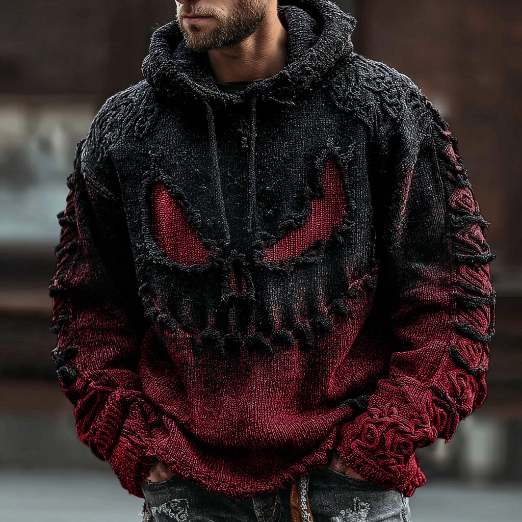 Men's Halloween Spooky Face Gradient Inspired Knitted Distressed Hooded Sweater elevenforest