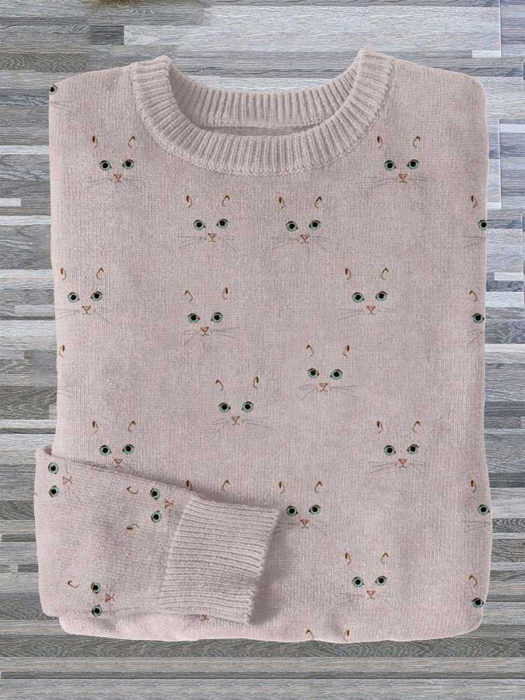 Cute Cat Face Pattern Cozy Sweater elevenforest