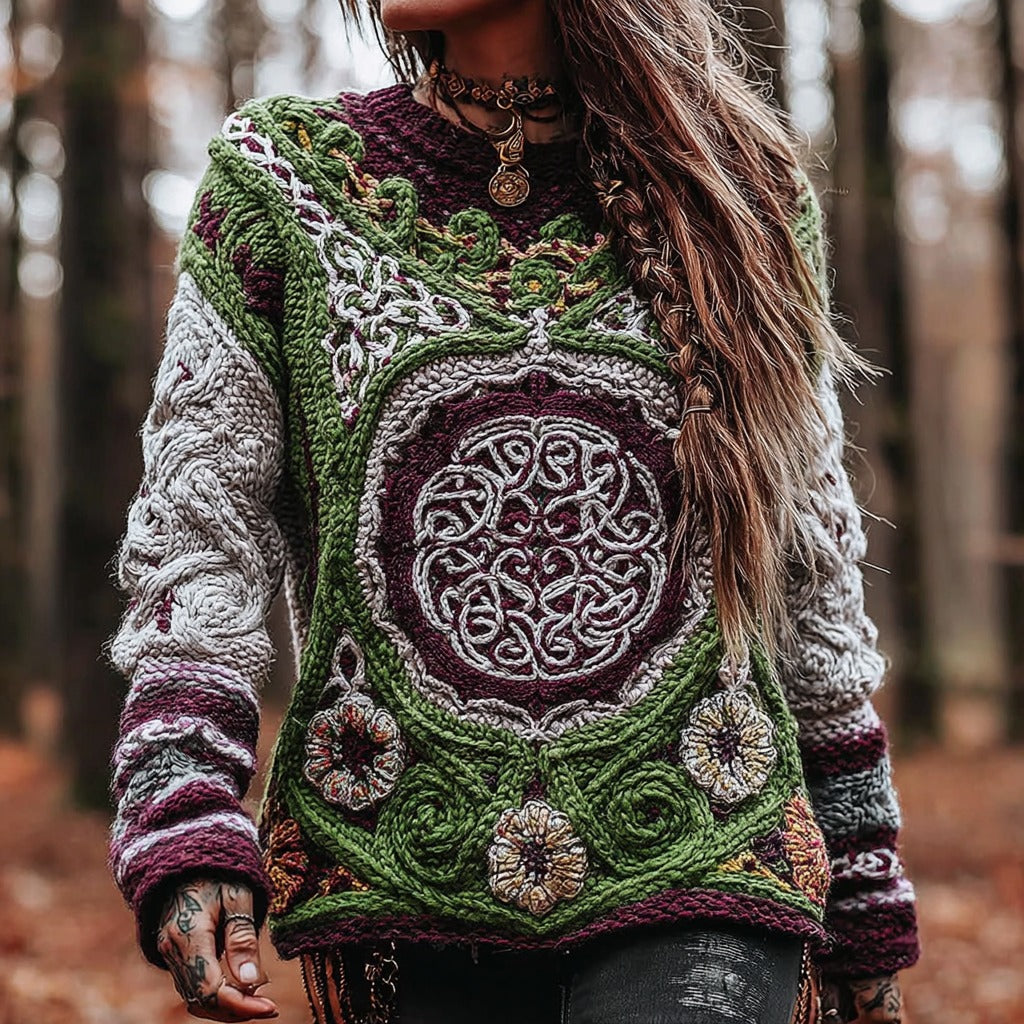 Women's Viking Celtic Knot Rune Knit Jacquard Sweater elevenforest
