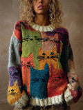 Vintage Colorful Crowded Cats Colorblock Cozy Knit Sweater elevenforest