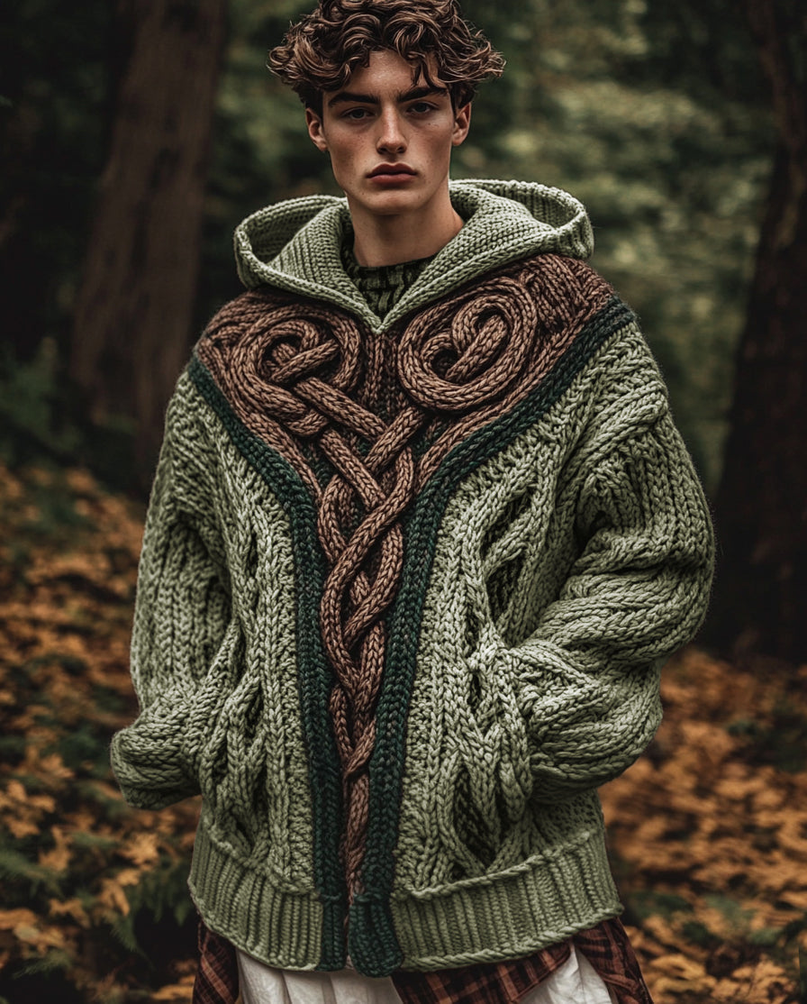 Men's Vintage Irish Celtic Knot Jacquard Mottled Hooded Sweater artswardrobe