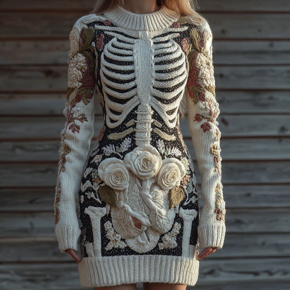Halloween Human Anatomy Pattern And Flower Pattern Combined Design Women's Round Neck Knit Sweater Dress artswardrobe