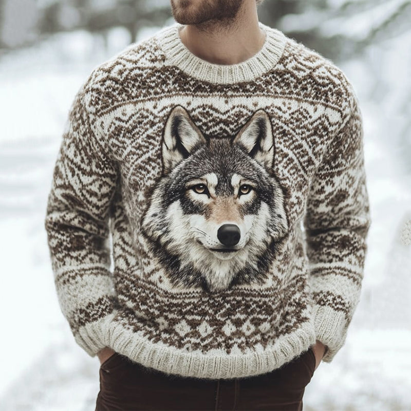 Vintage Men's Warm Wolf Pattern Crew Neck Sweater artswardrobe