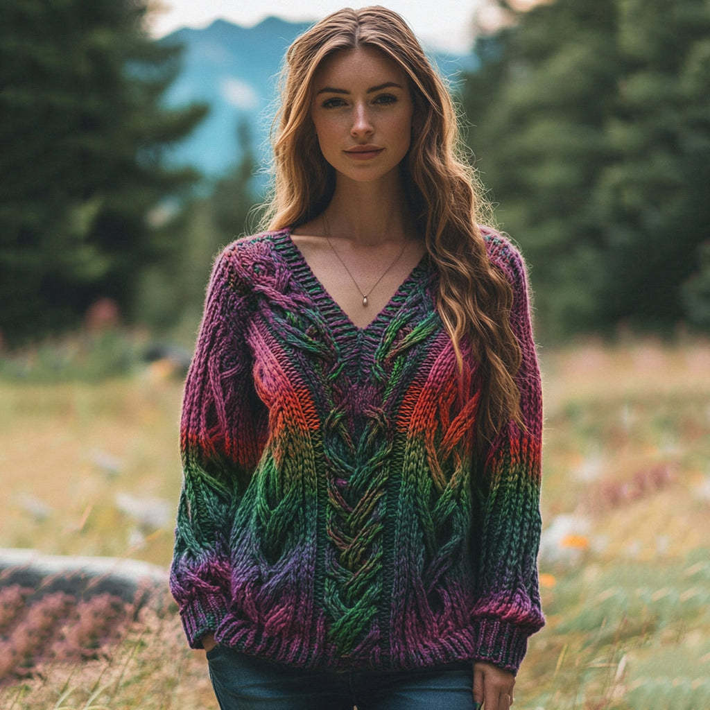 Classic Celtic Chunky Rainbow Color V Neck Cozy Sweater artswardrobe